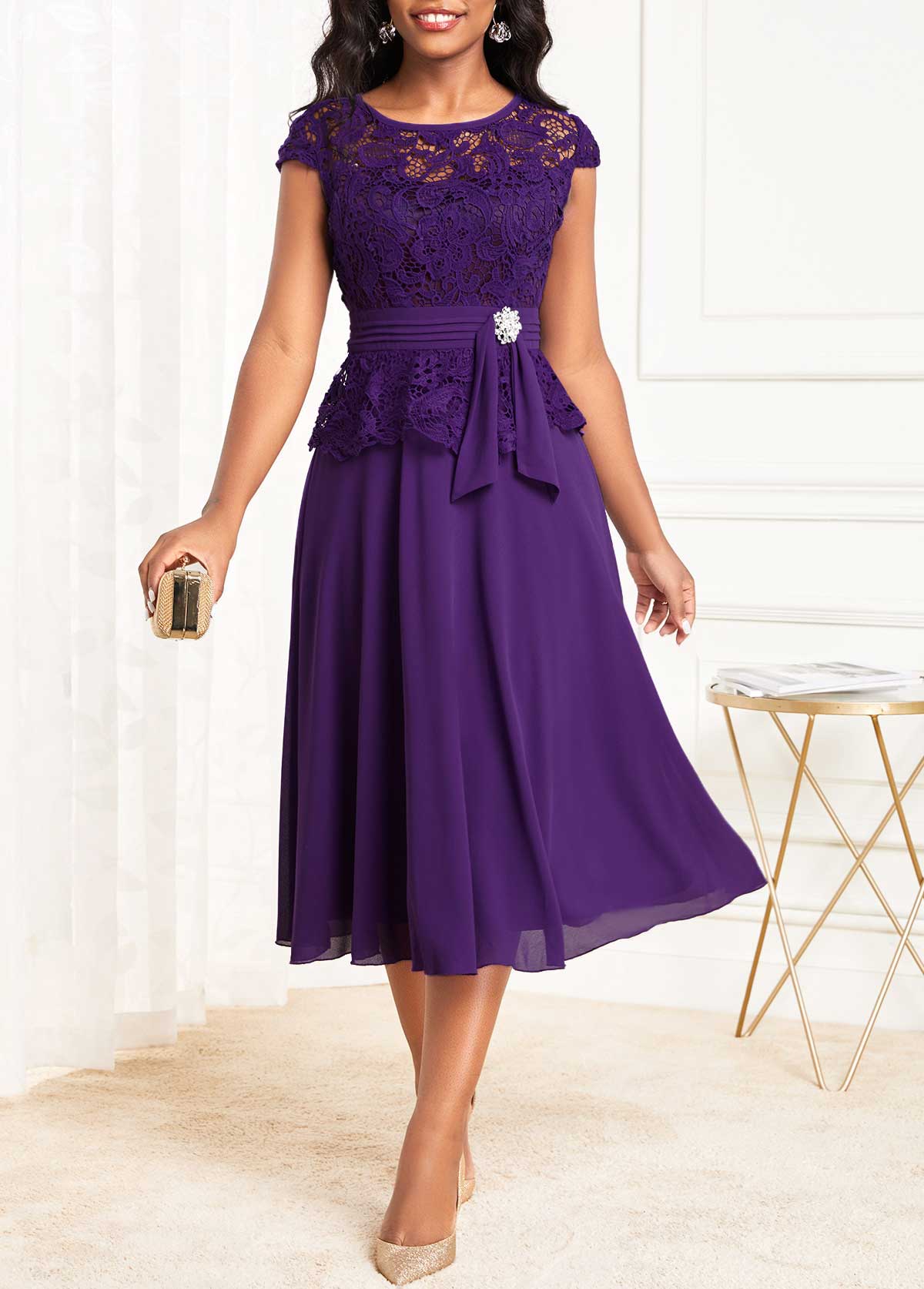 Purple Lace Cap Sleeve Round Neck Dress