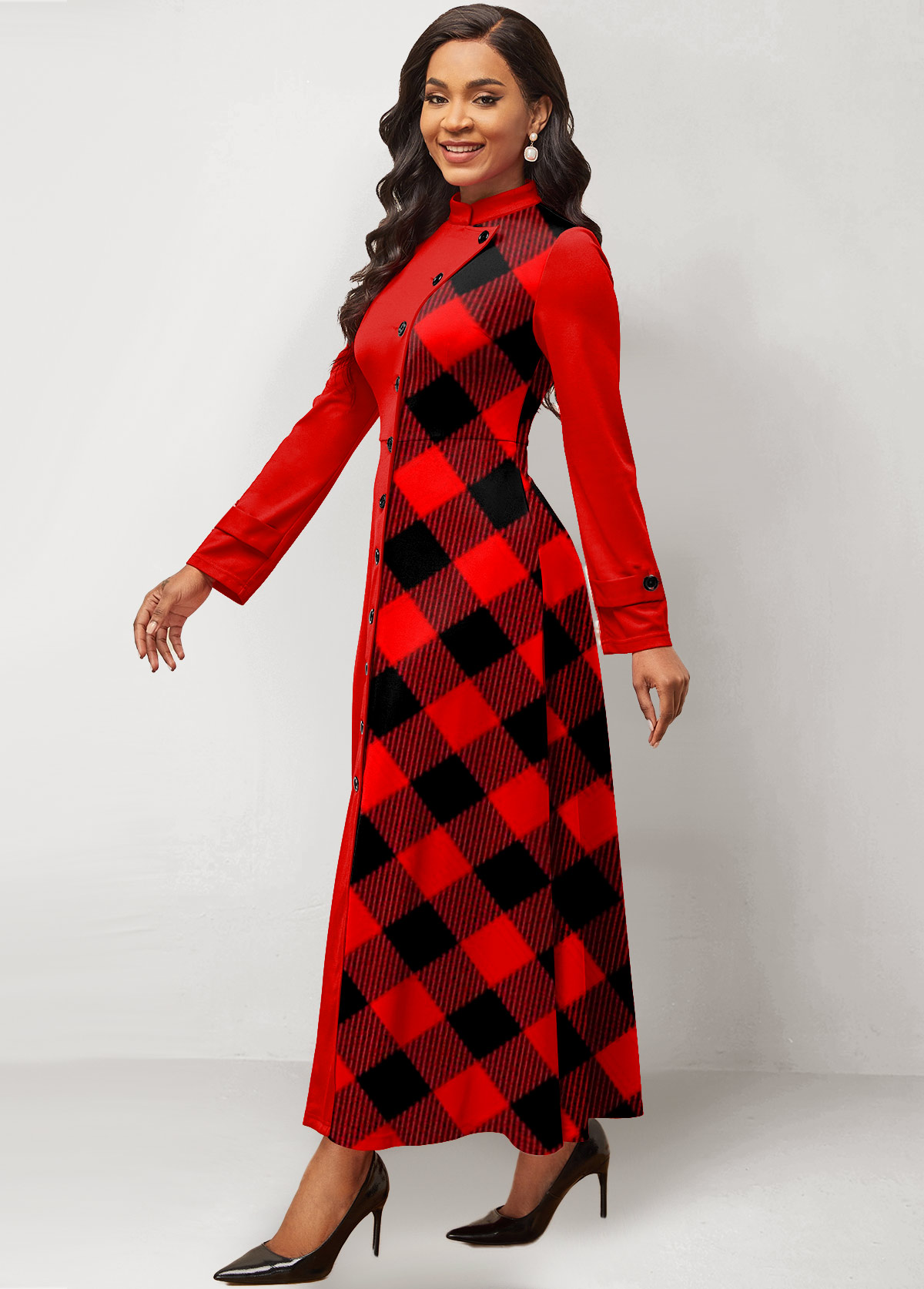 Red Patchwork Plaid Long Sleeve Maxi Dress