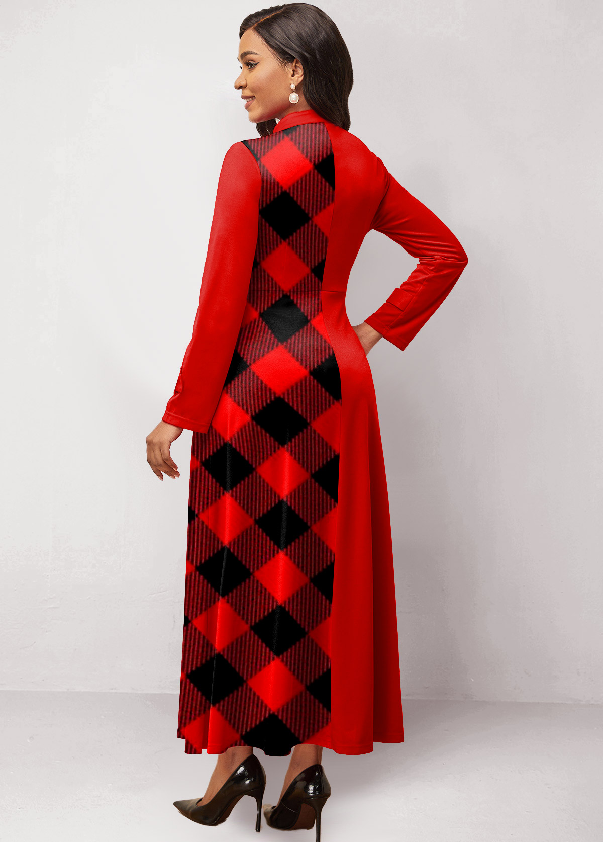 Red Patchwork Plaid Long Sleeve Maxi Dress