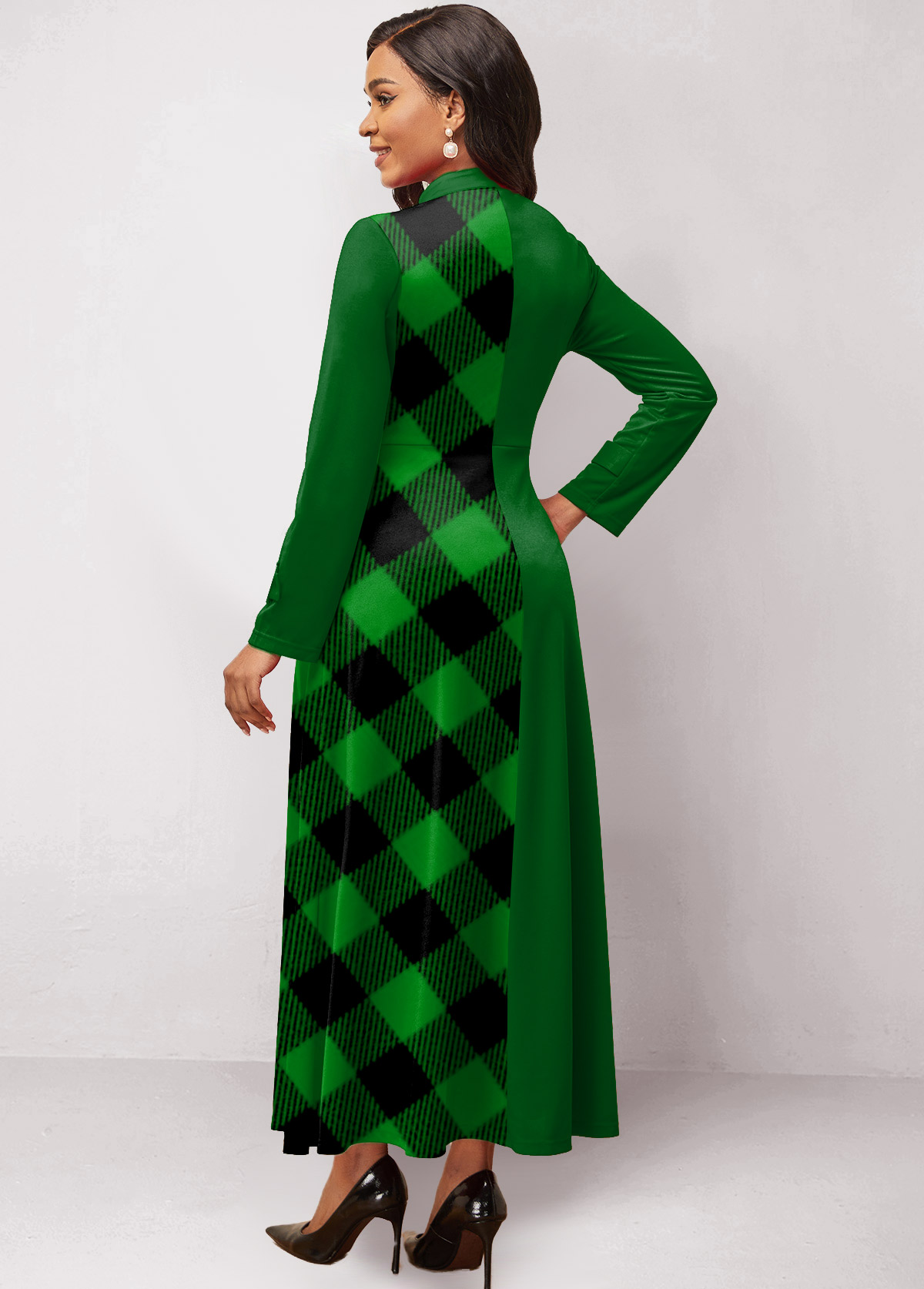 Green Patchwork Plaid Long Sleeve Maxi Dress