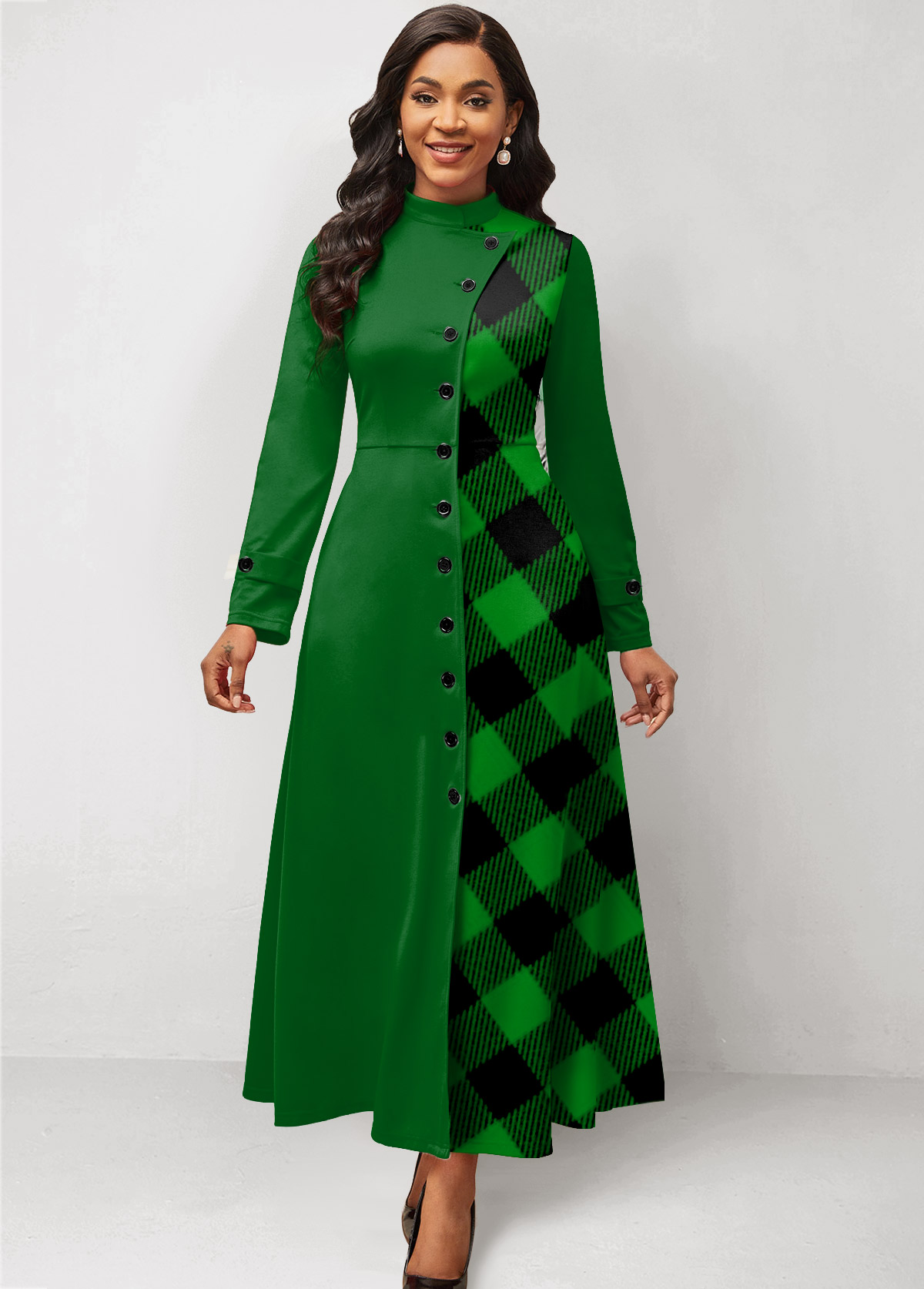 Green Patchwork Plaid Long Sleeve Maxi Dress