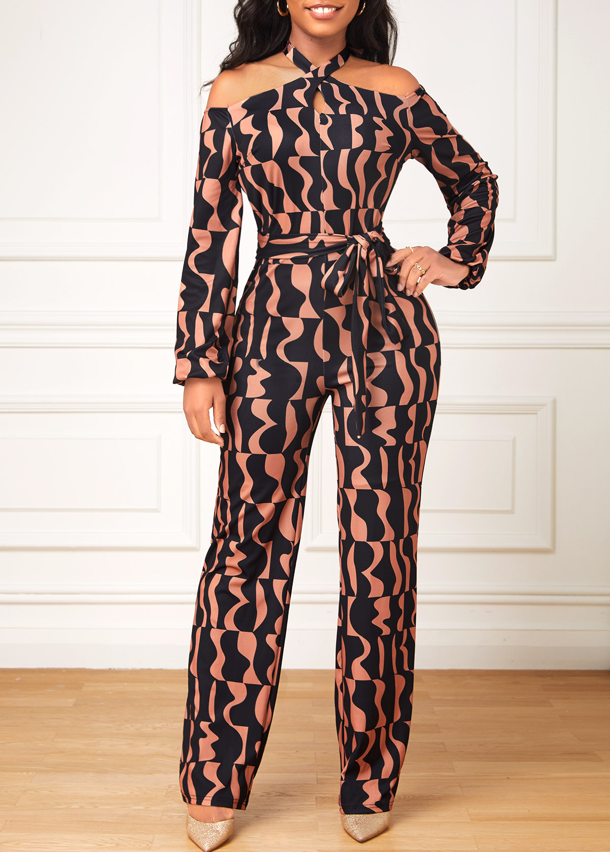 Dark Coffee Cut Out Geometric Print Belted Jumpsuit