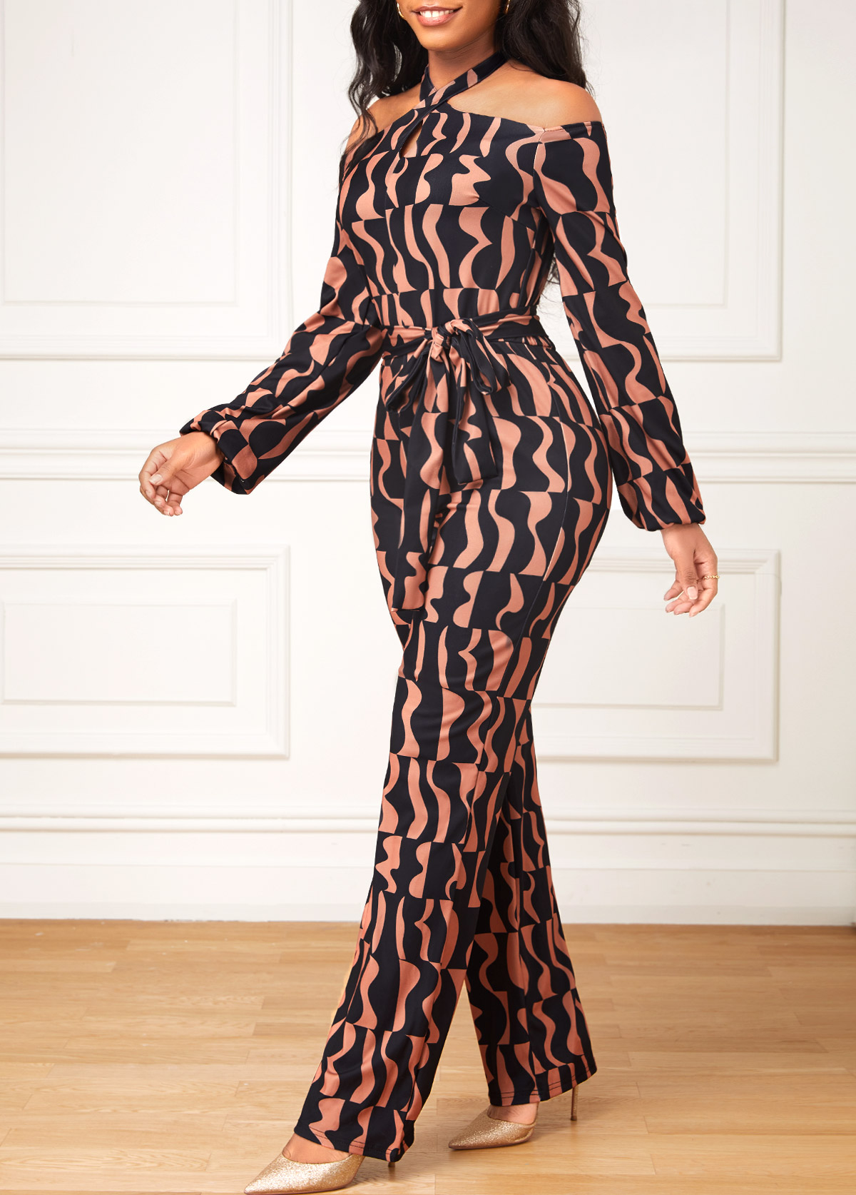 Dark Coffee Cut Out Geometric Print Belted Jumpsuit