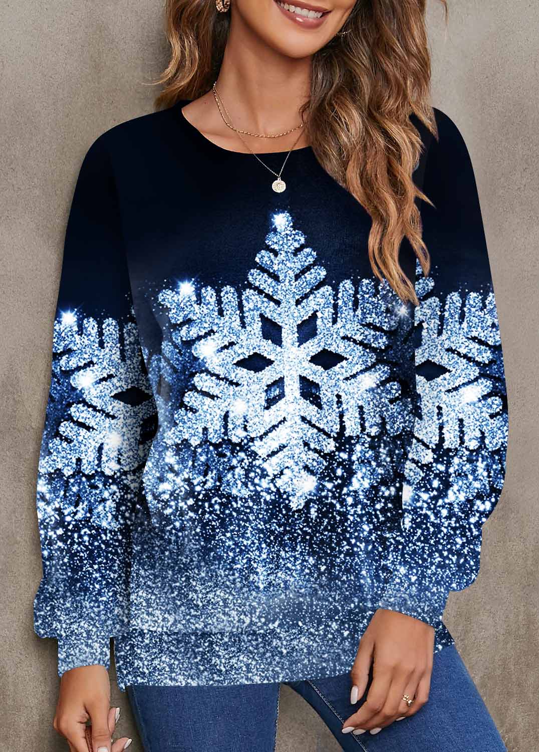 Blue Snowflake Print Long Sleeve Round Neck Sweatshirt