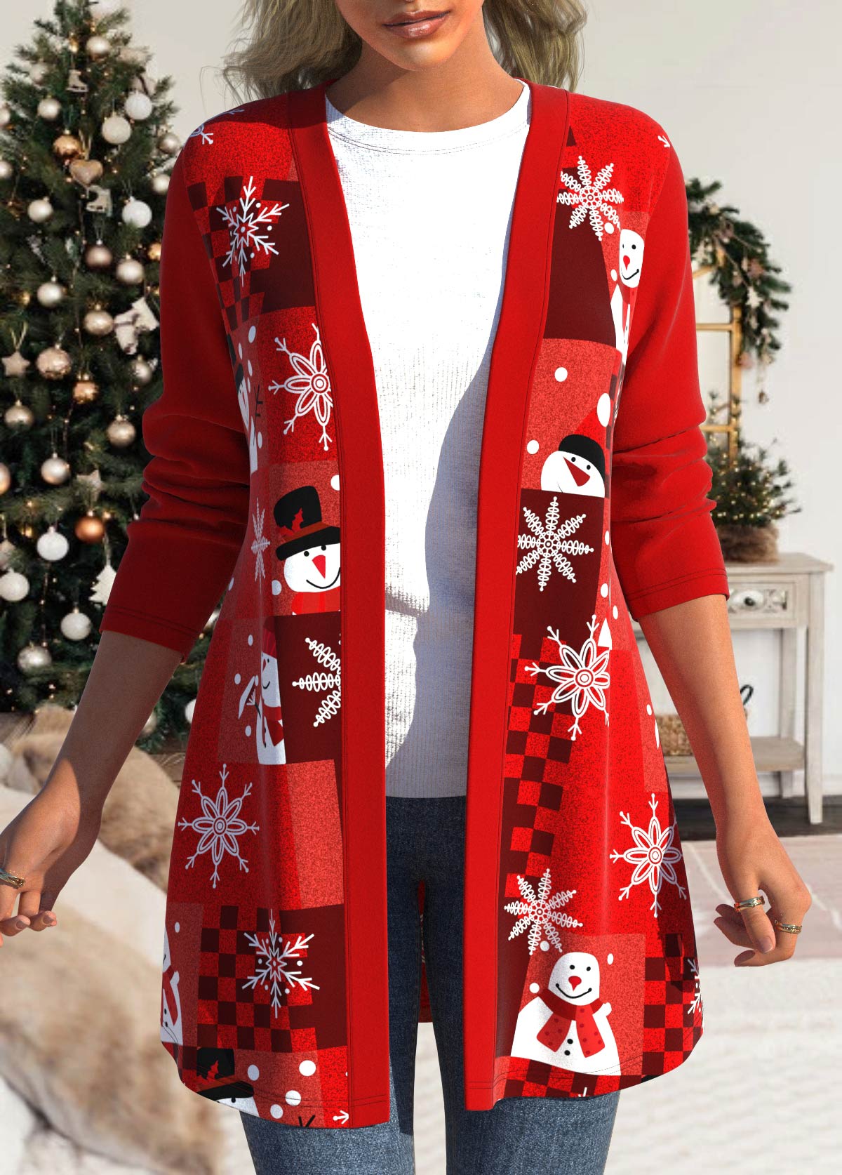 Red Patchwork Christmas Snowman Print Long Sleeve Coat