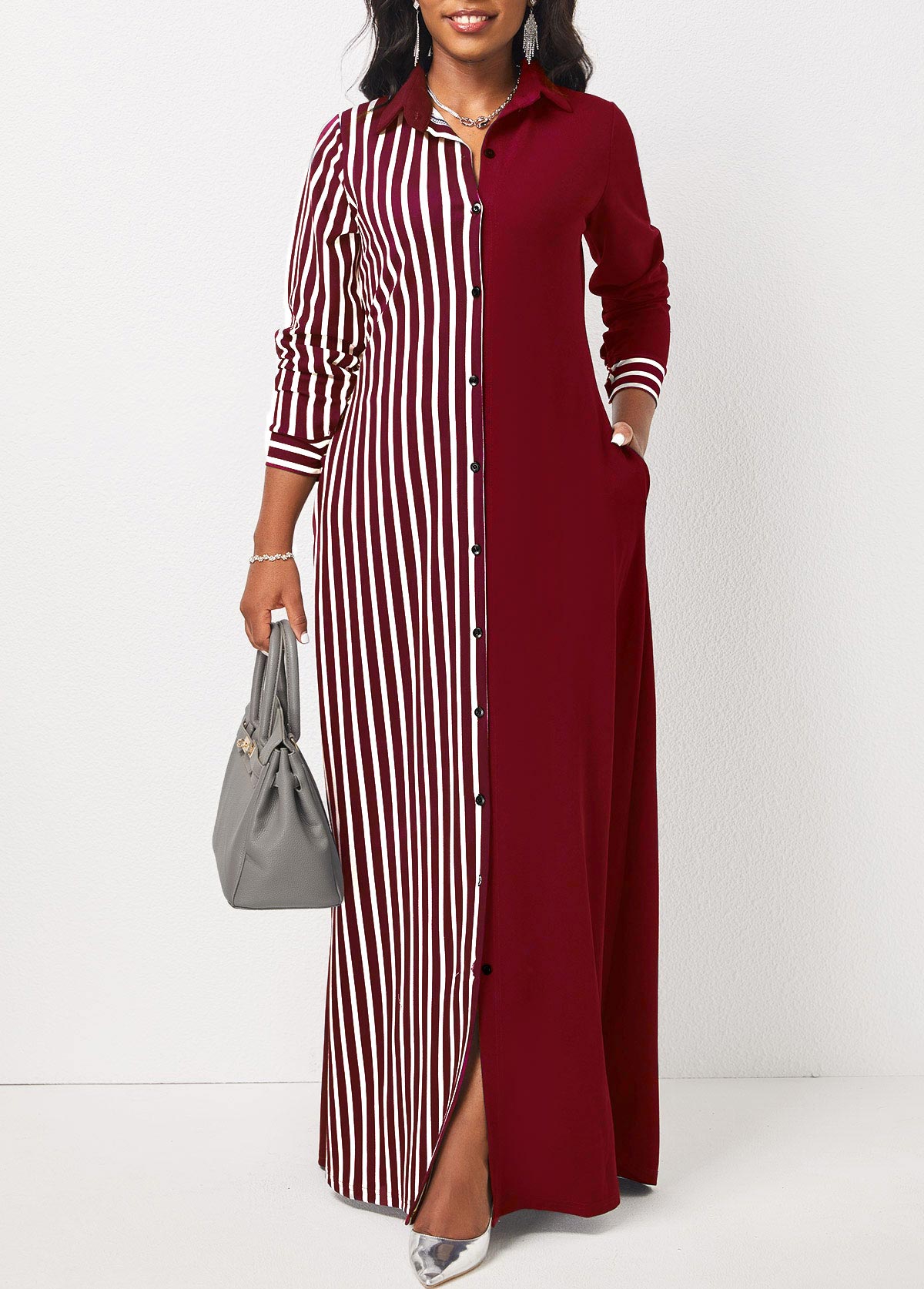 Wine Red Pocket Striped Maxi Dress