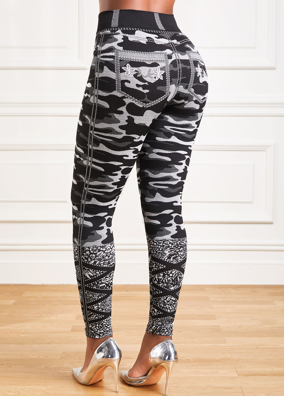 Grey Camouflage Print High Waisted Ankle Length Leggings