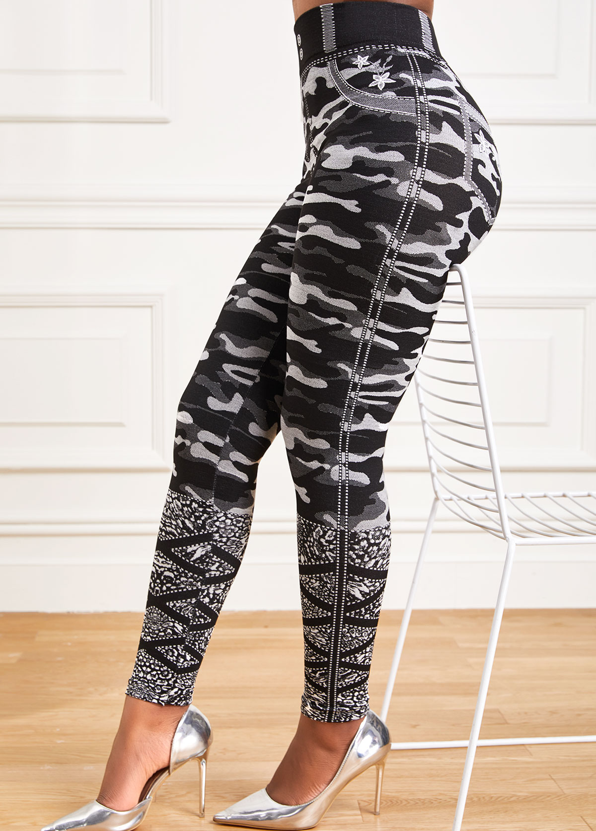 Grey Camouflage Print High Waisted Ankle Length Leggings