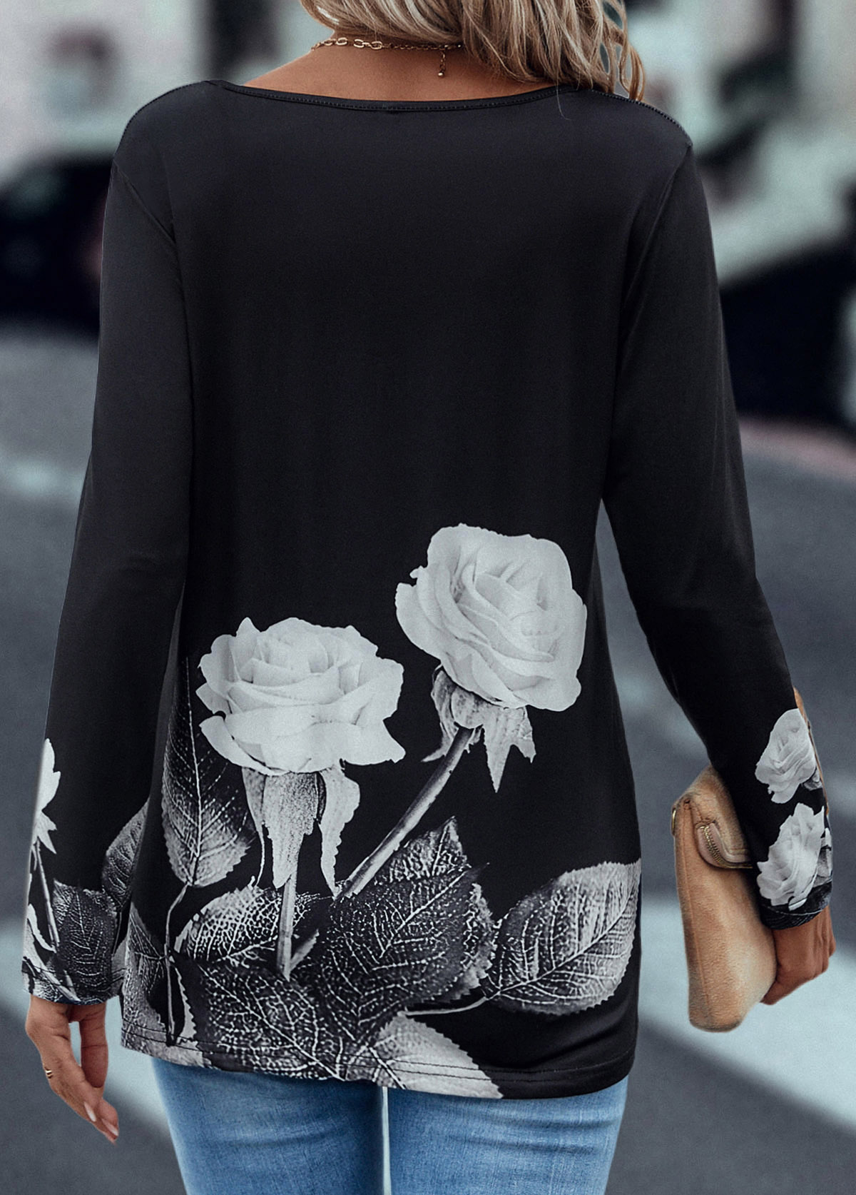 Black Zipper Floral Print Long Sleeve T Shirt