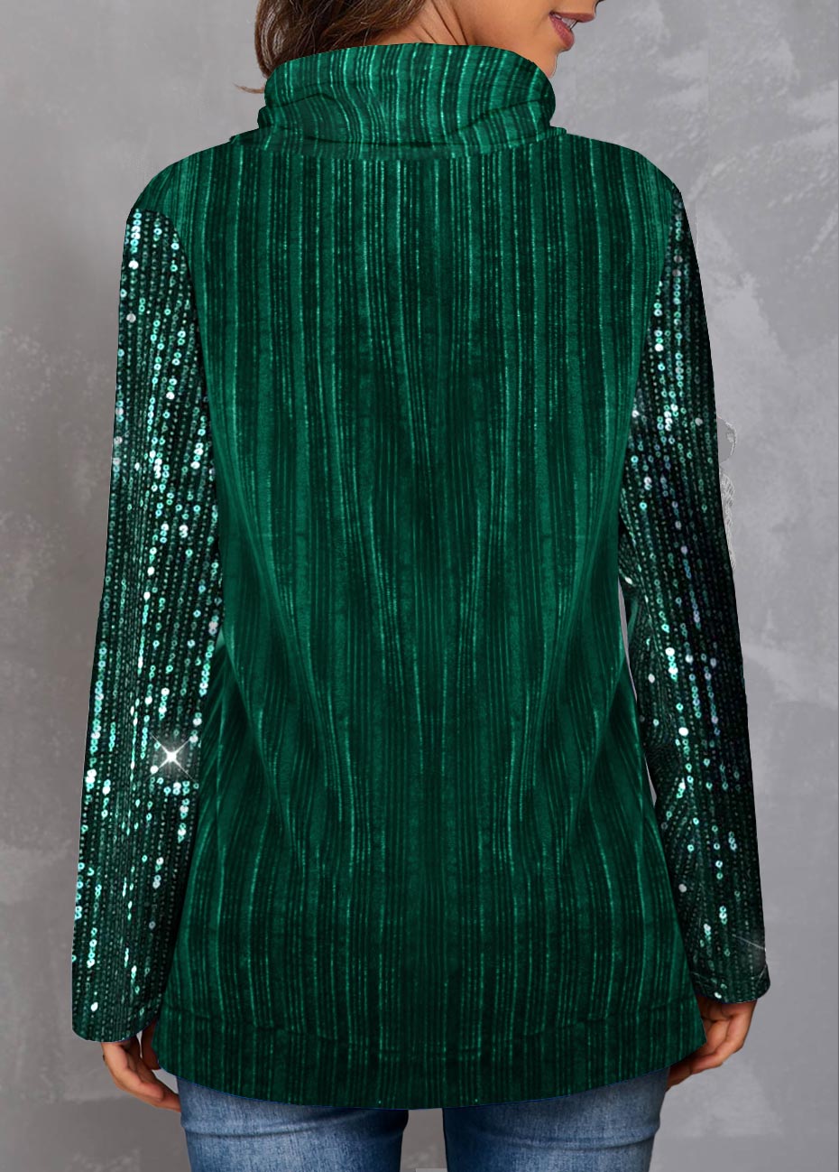 Green Drawstring Sequin Velvet Stitching Sweatshirt