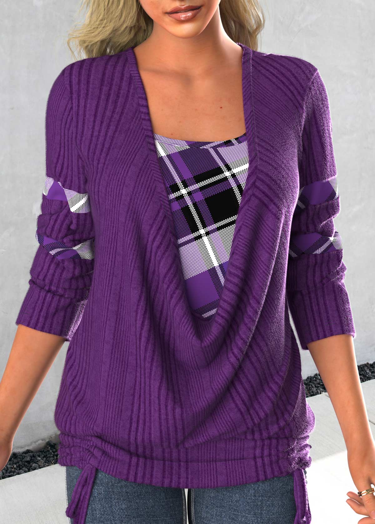 Dark Purple Patchwork Plaid Long Sleeve Sweatshirt