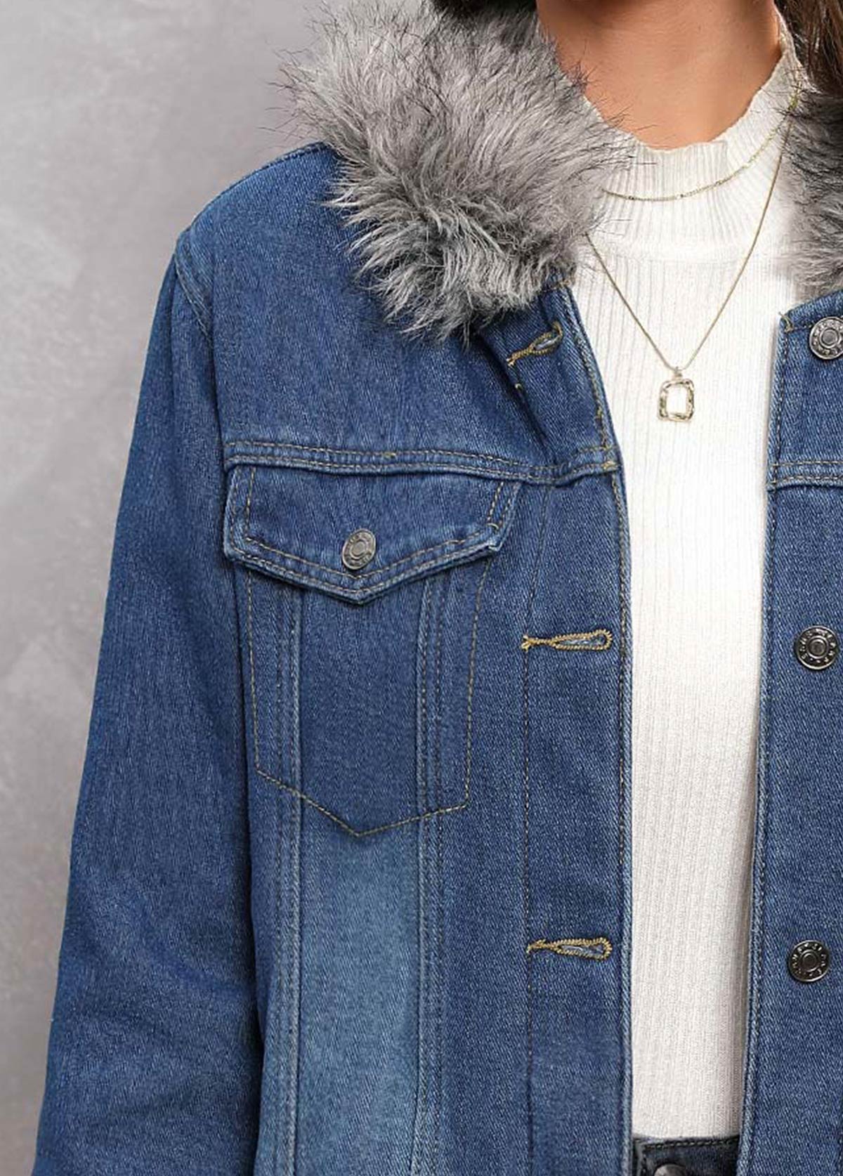 Denim Blue Fur Collar Long Sleeve Hooded Coat