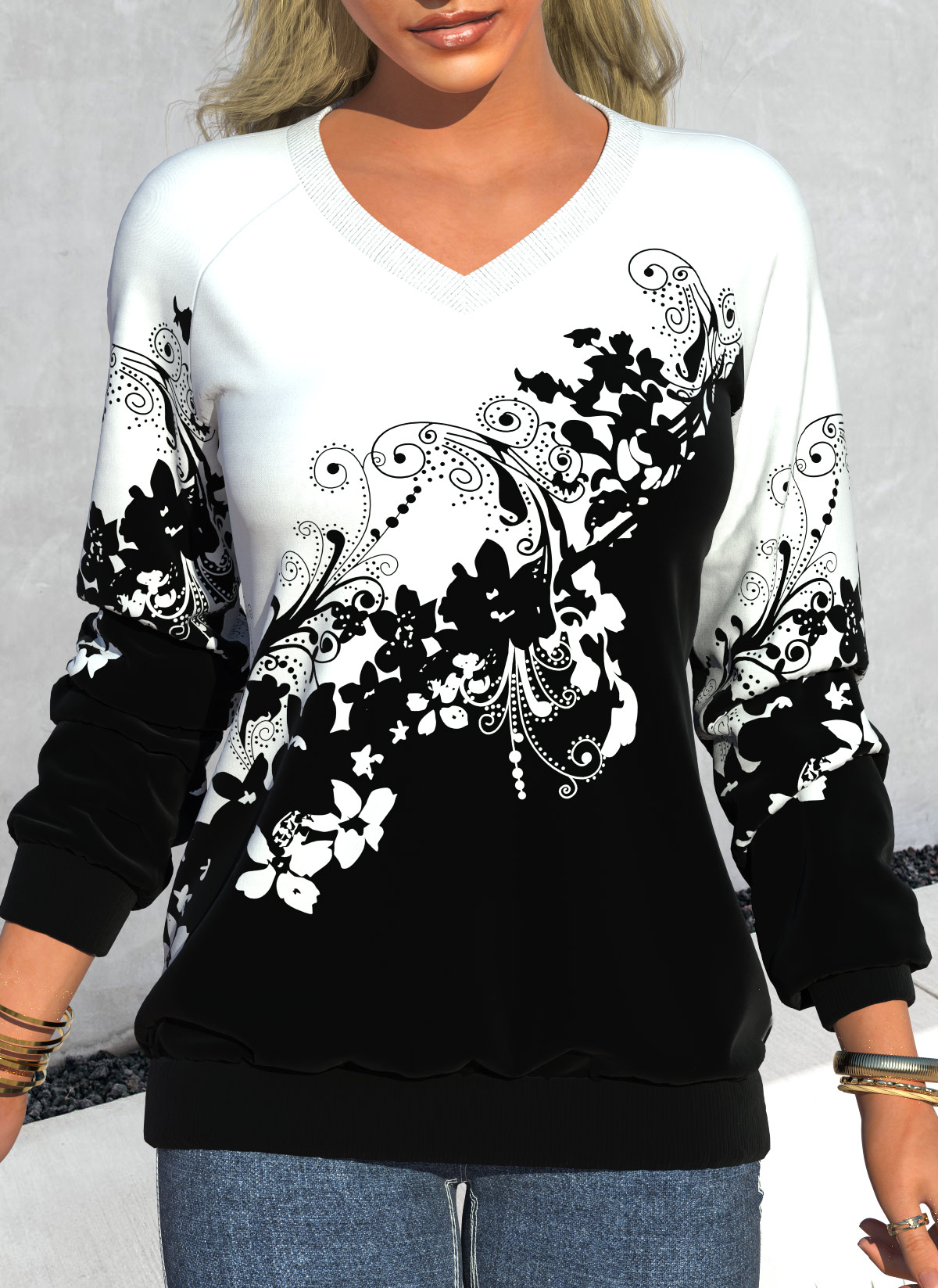 Black Floral Print Long Sleeve V Neck Sweatshirt