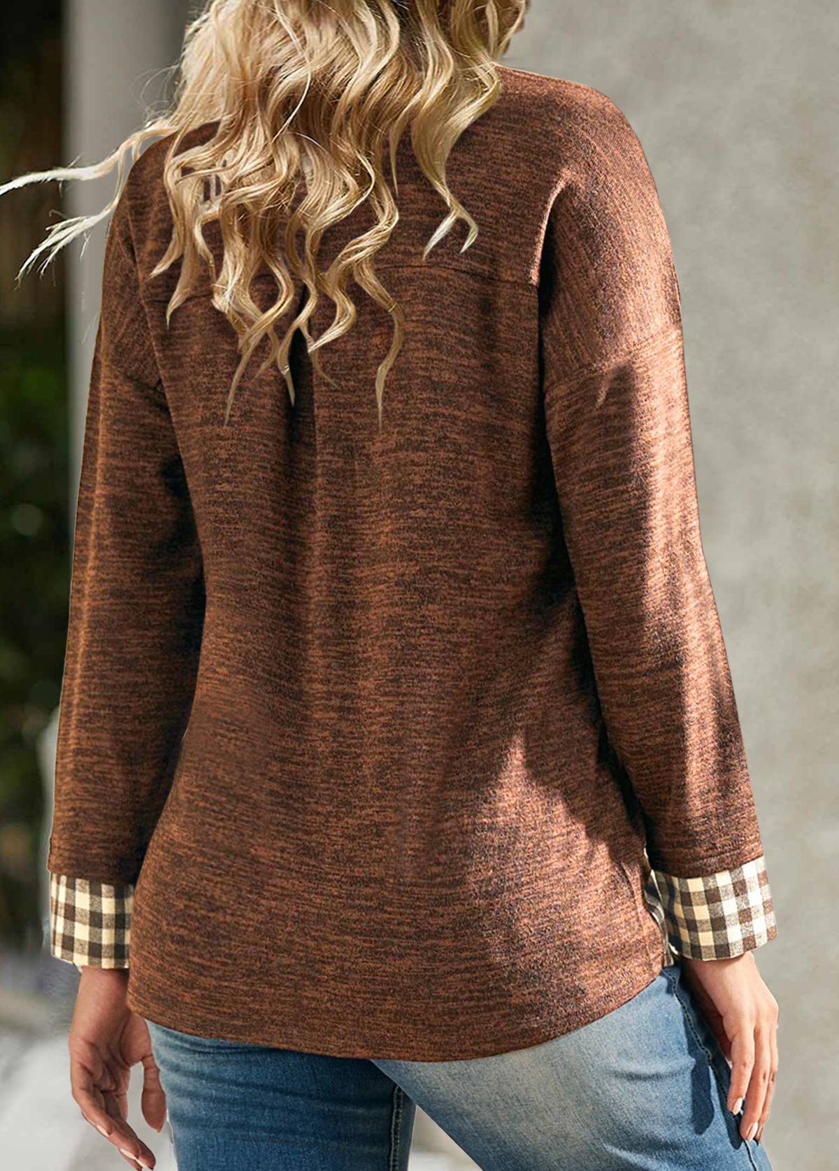 Dark Coffee Fake 2in1 Plaid Long Sleeve Sweatshirt