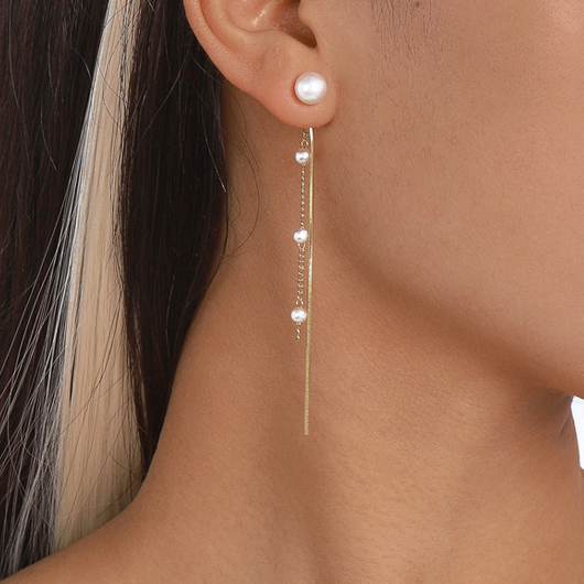 1 Pair Gold Pearl Chain Design Earrings