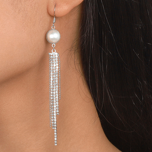 Silvery White Pearl Design Rhinestone Earrings