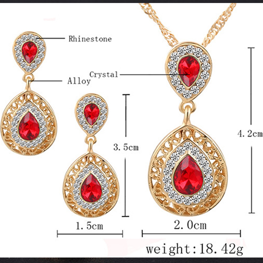 Red Teardrop Rhinestone Design Hollow Earrings and Necklace