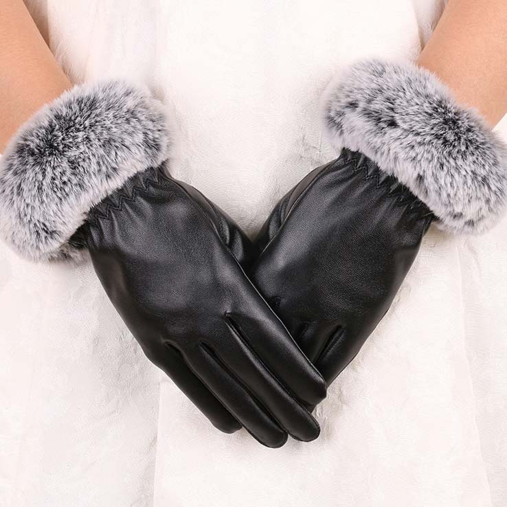 Faux Rabbit Fur Warming Black Full Finger Gloves