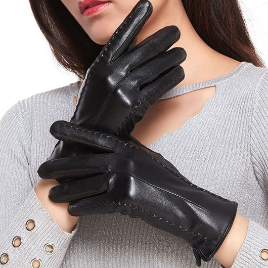 Black Leather Wrist Warming Full Finger Gloves