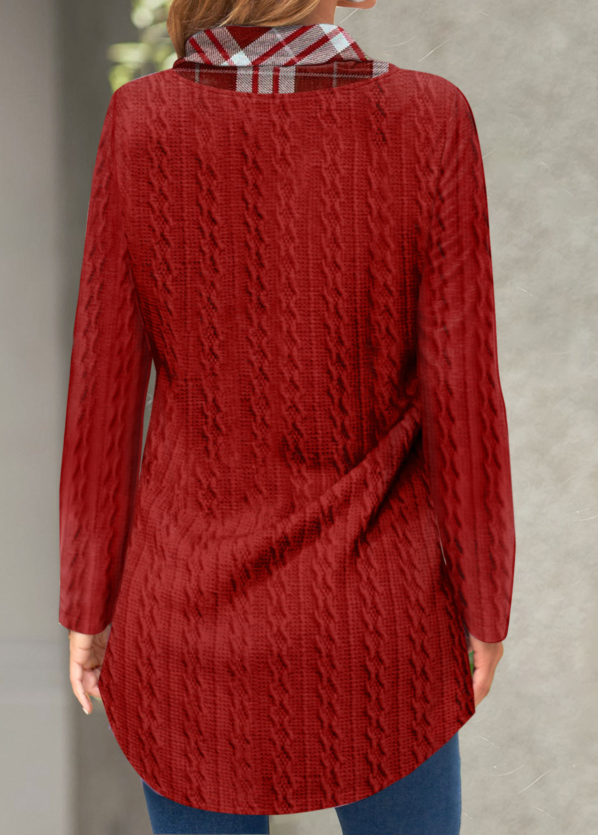 Red Twisted Plaid Long Sleeve Cowl Neck Sweatshirt