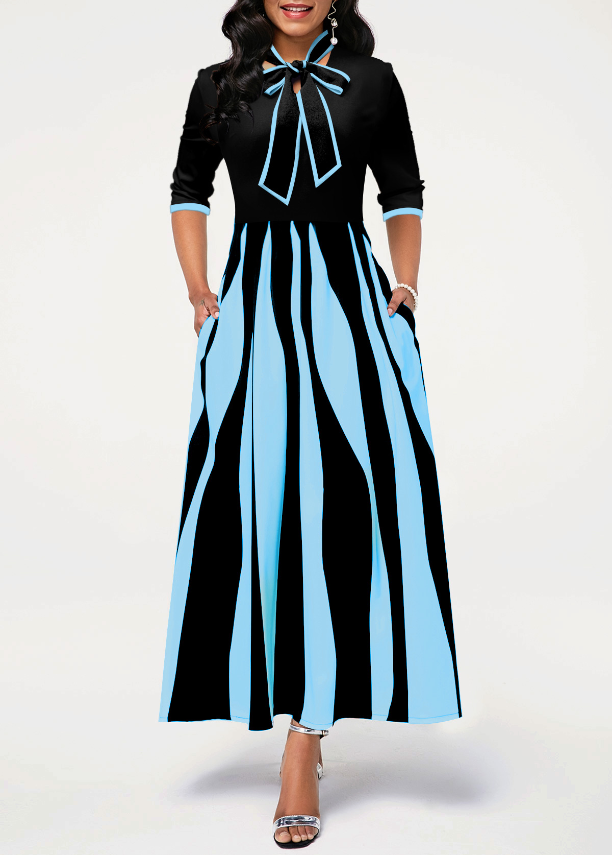 Light Blue Pocket Geometric Print Maxi Dress