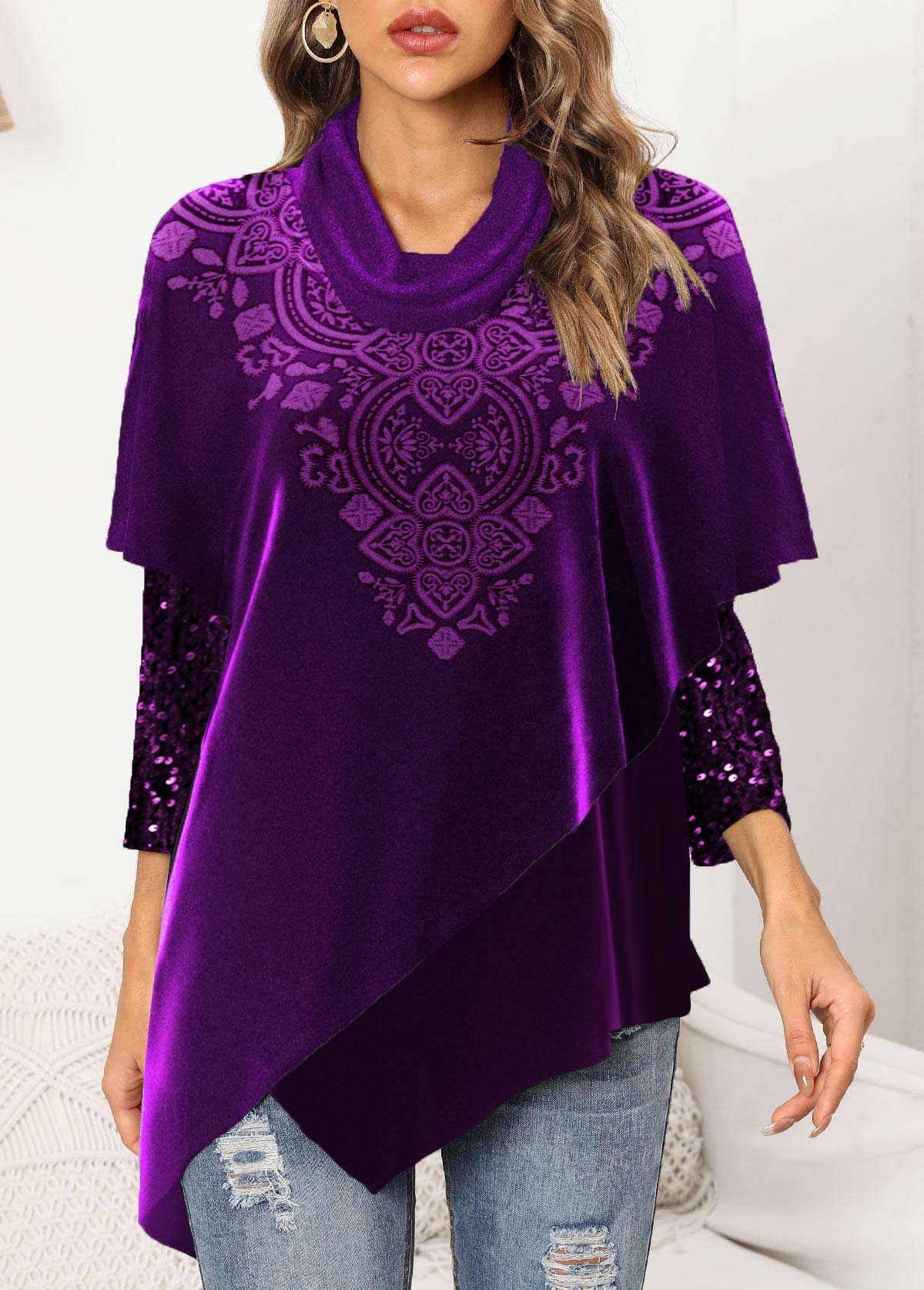 Dark Purple Sequin Tribal Print Long Sleeve Sweatshirt