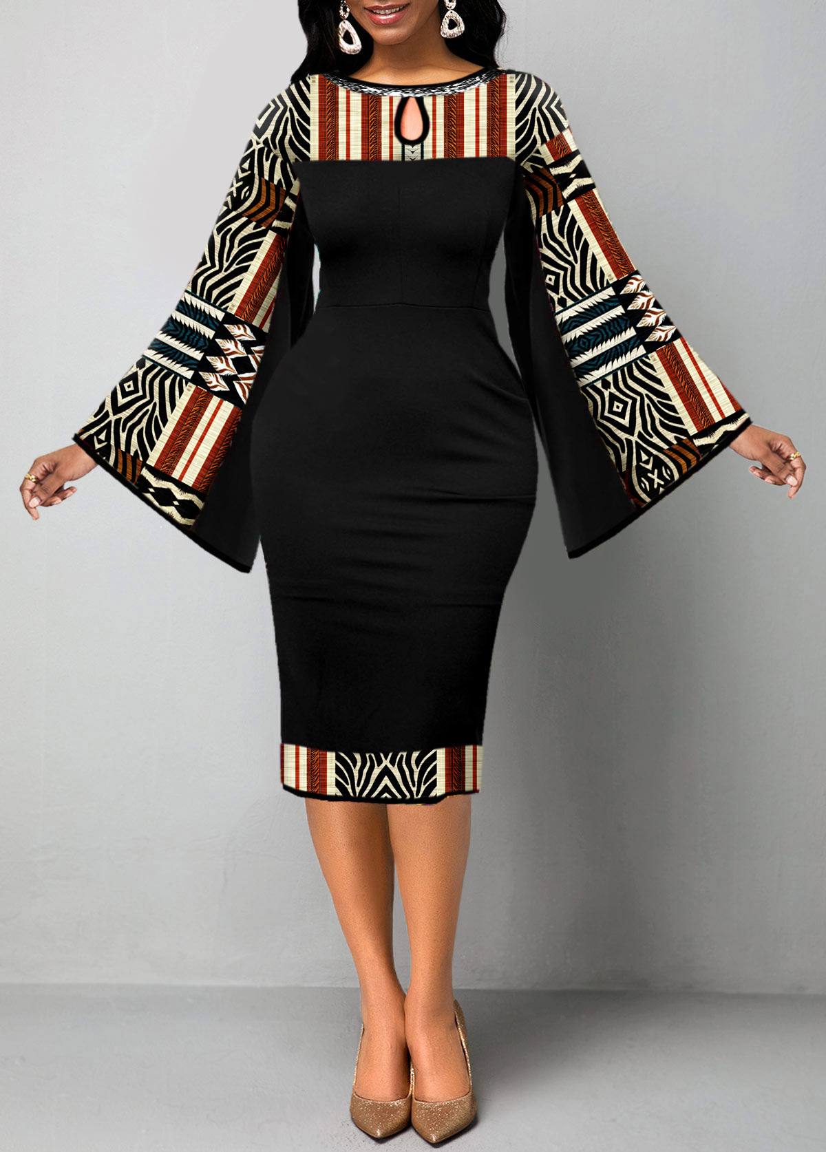 Black Patchwork African Tribal Print Bodycon Dress