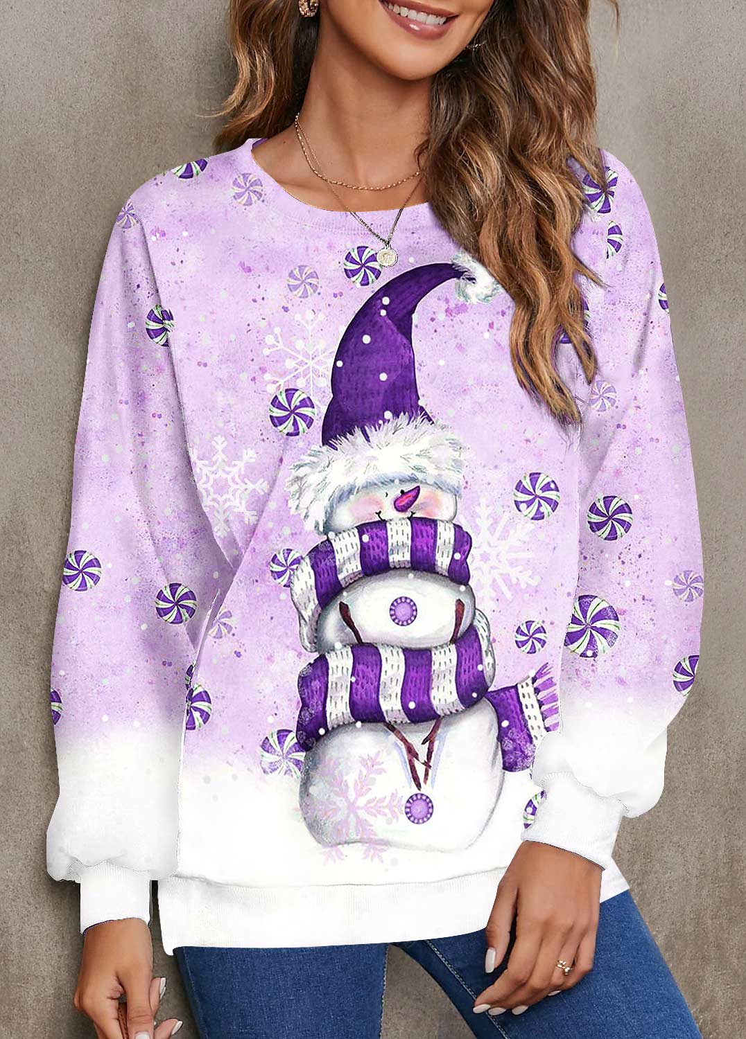 Christmas Purple Snowman Print Long Sleeve Sweatshirt