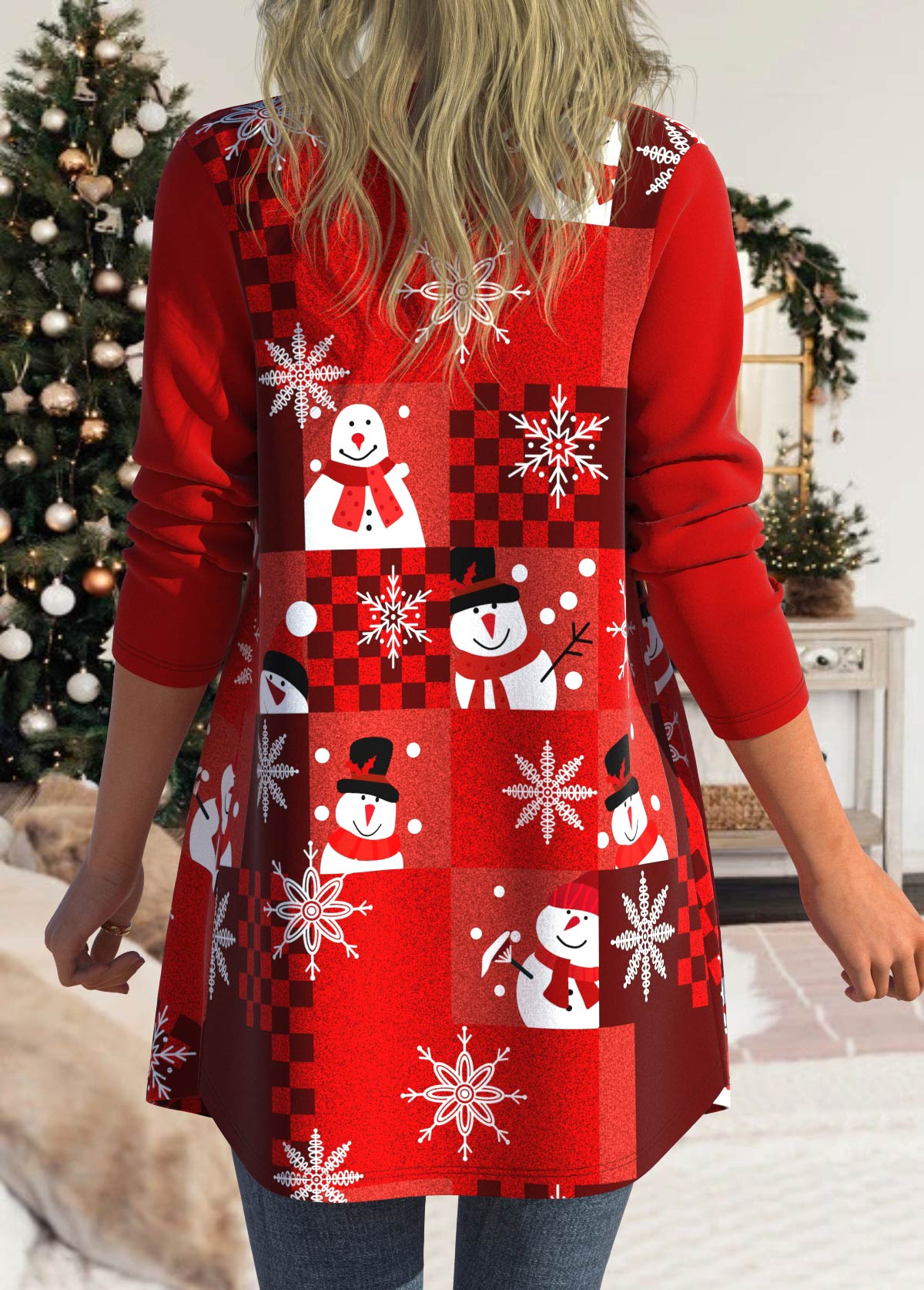 Red Patchwork Christmas Snowman Print Long Sleeve Coat | modlily.com ...