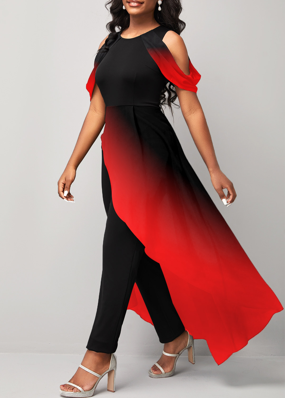 Red Asymmetry Ombre Ankle Length Short Sleeve Jumpsuit