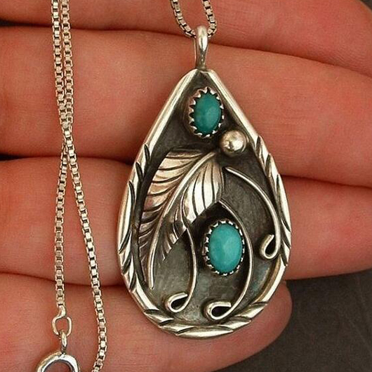 Turquoise Teardrop Feather Design Metal Necklace