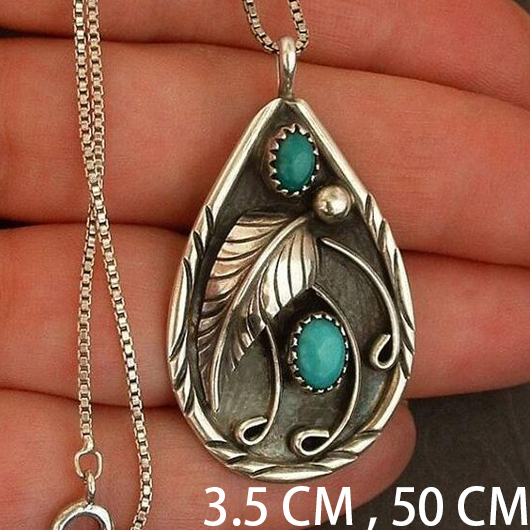 Turquoise Teardrop Feather Design Metal Necklace