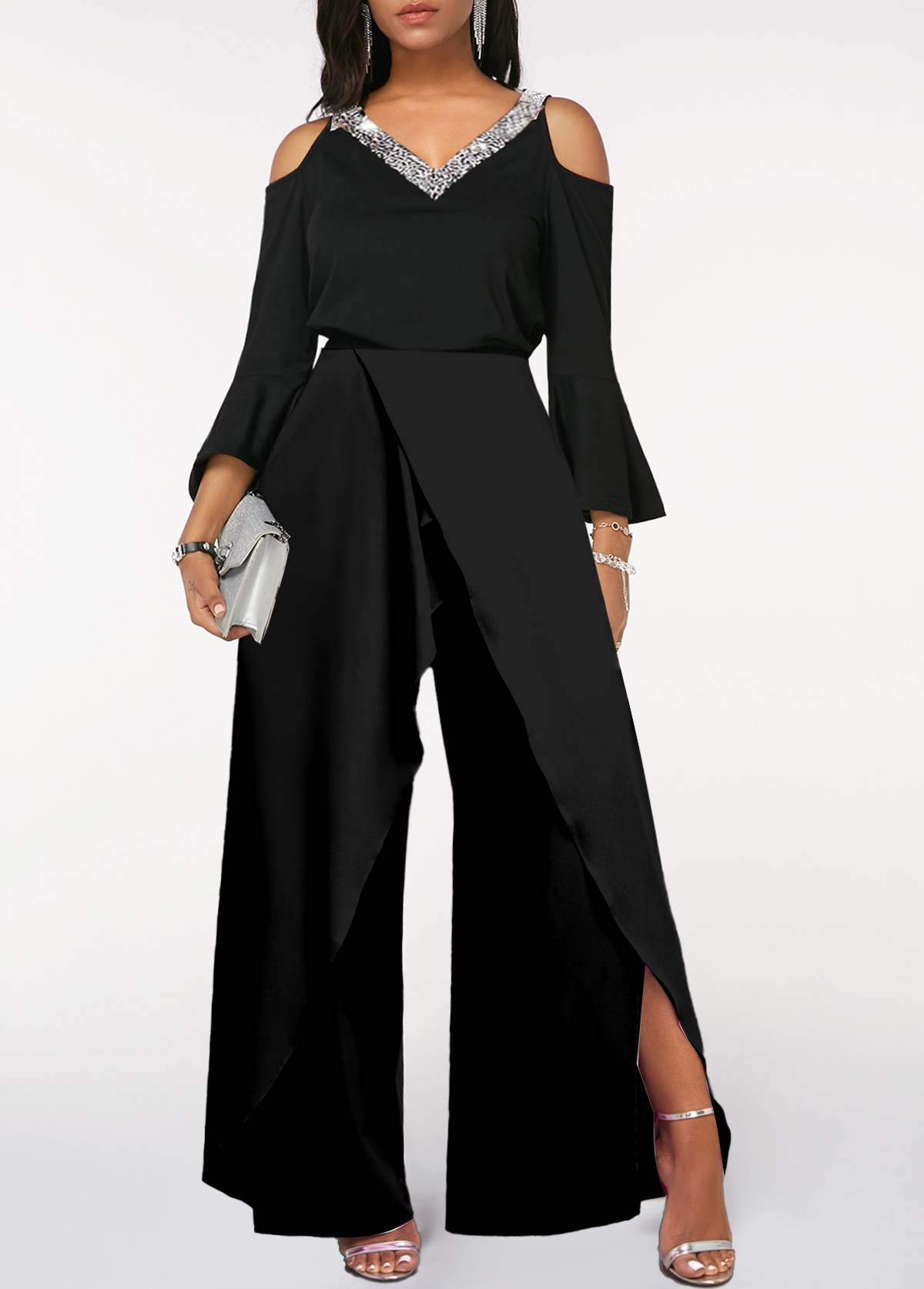 Black Sequin Long Sleeve V Neck Jumpsuit