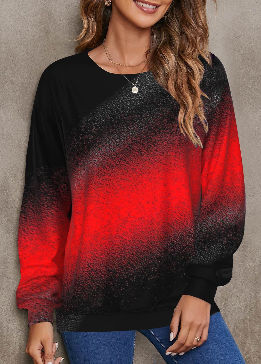 Red Ombre Long Sleeve Round Neck Sweatshirt