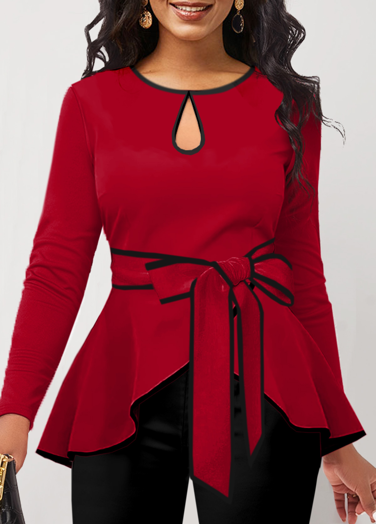 Red Contrast Binding Belted Long Sleeve T Shirt