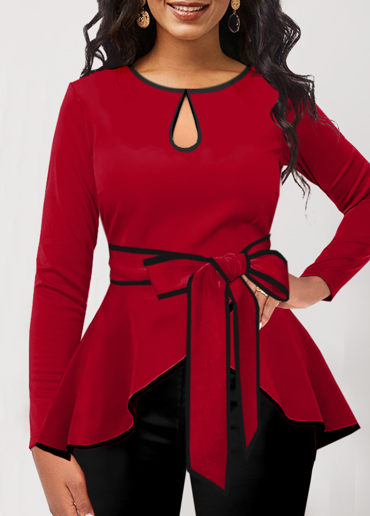 Red Contrast Binding Belted Long Sleeve T Shirt