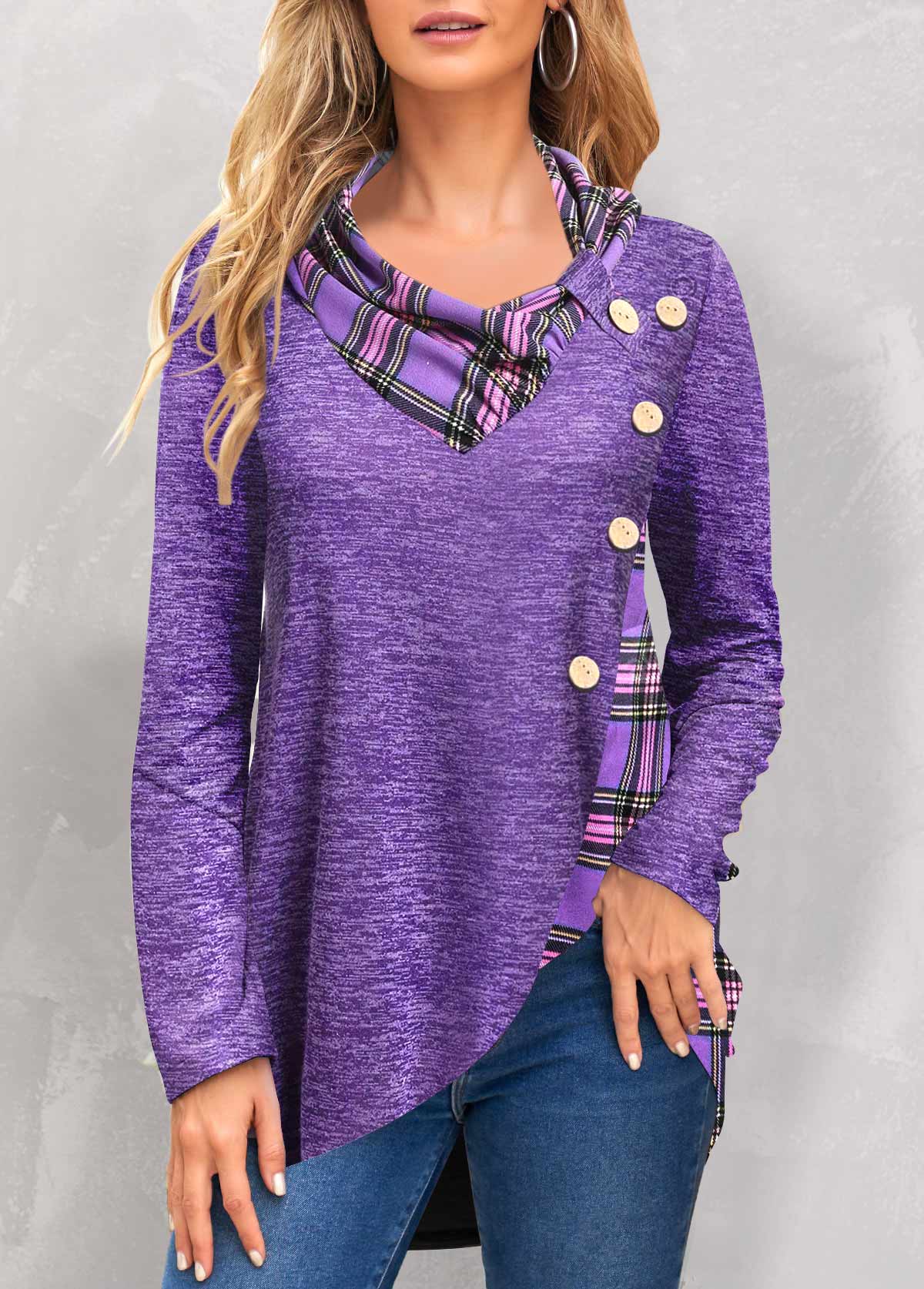 Purple Patchwork Plaid Long Sleeve Cowl Neck Sweatshirt