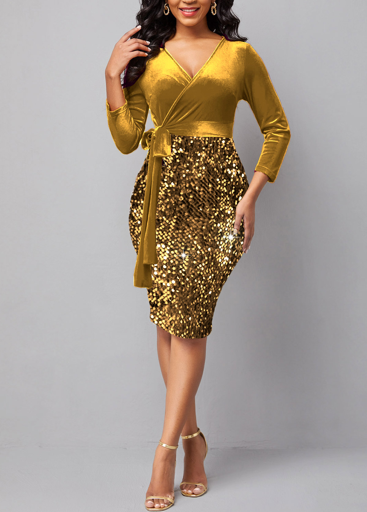 Golden Sequin Long Sleeve V Neck Dress