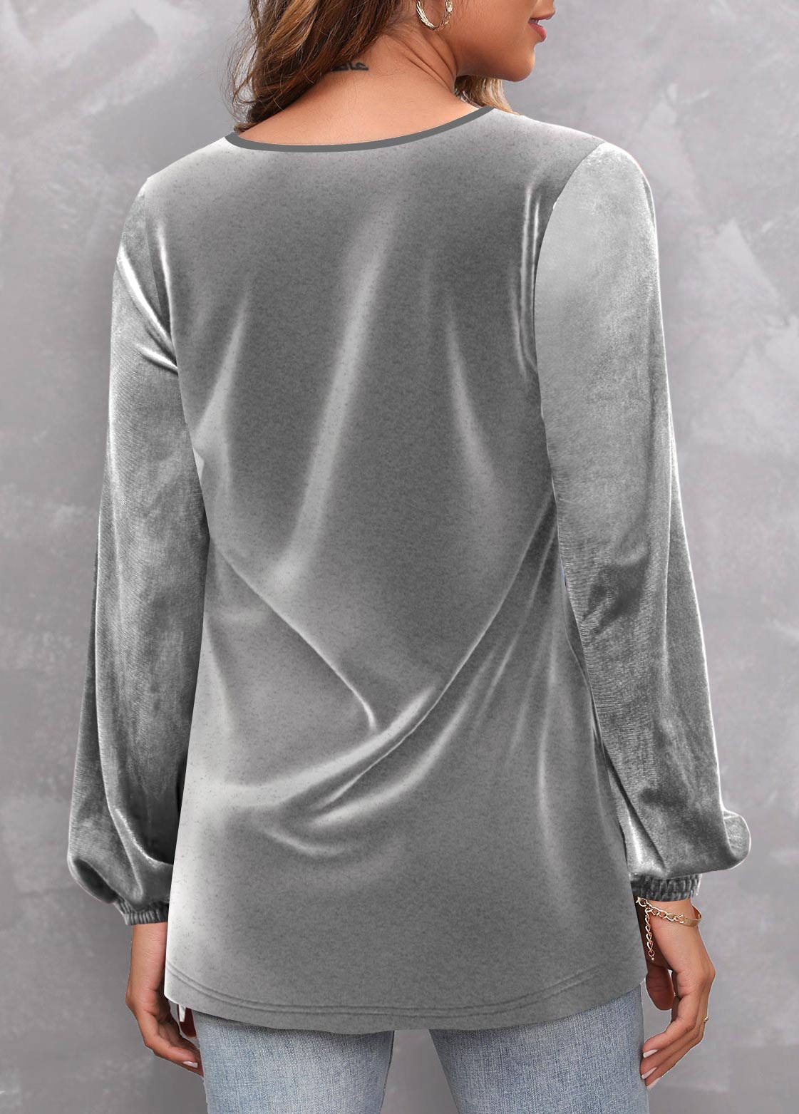 Silver Sequin Long Sleeve V Neck T Shirt