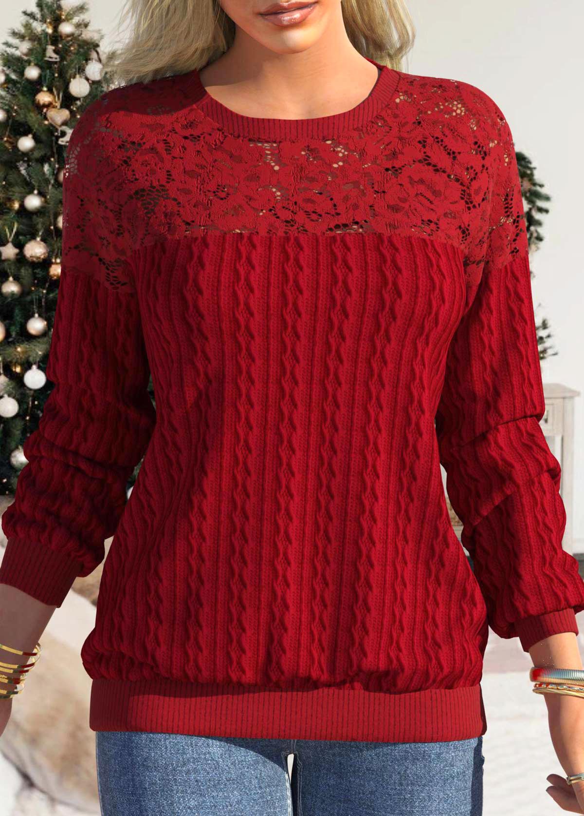 Red Lace Long Sleeve Round Neck Sweatshirt