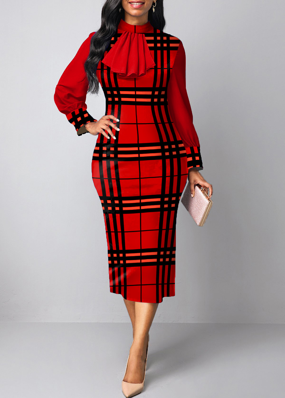 Red Patchwork Plaid Two Piece Suit Dress
