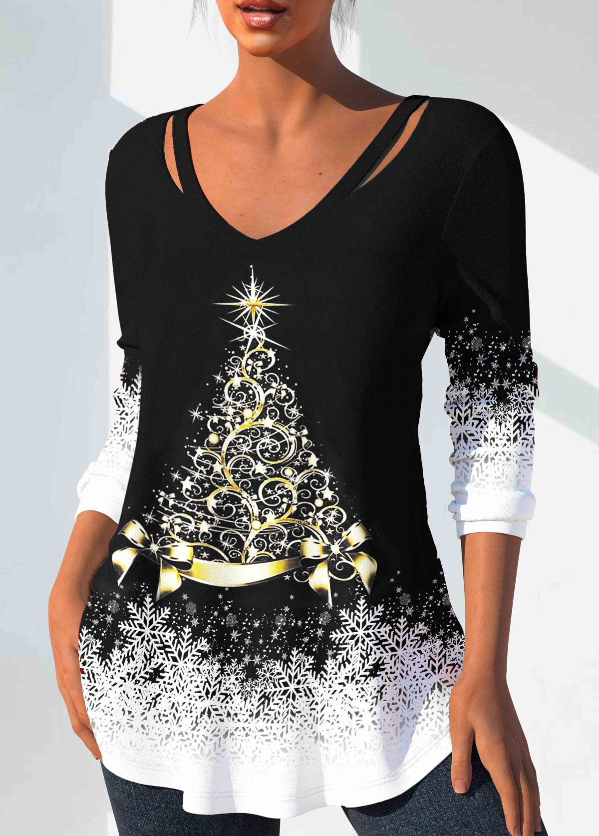 Black Cut Out Christmas Tree Print T Shirt