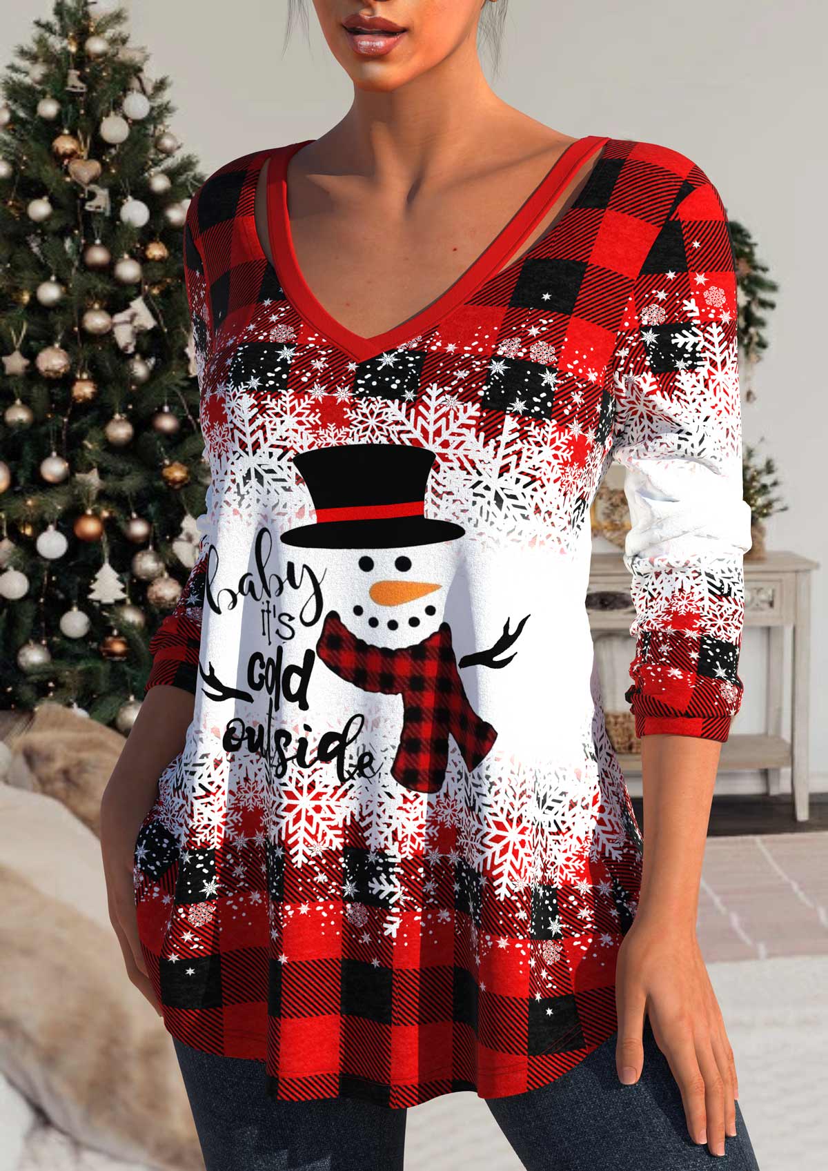 Christmas Red Cut Out Snowman Print T Shirt