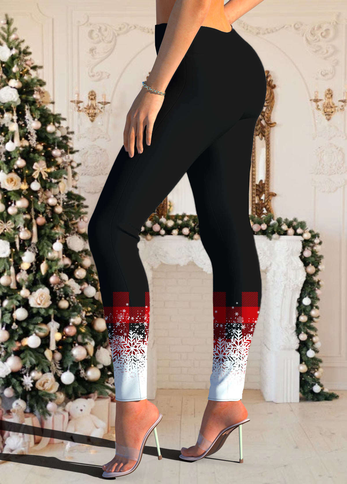 Red Christmas Snowflake Print Mid Waisted Leggings