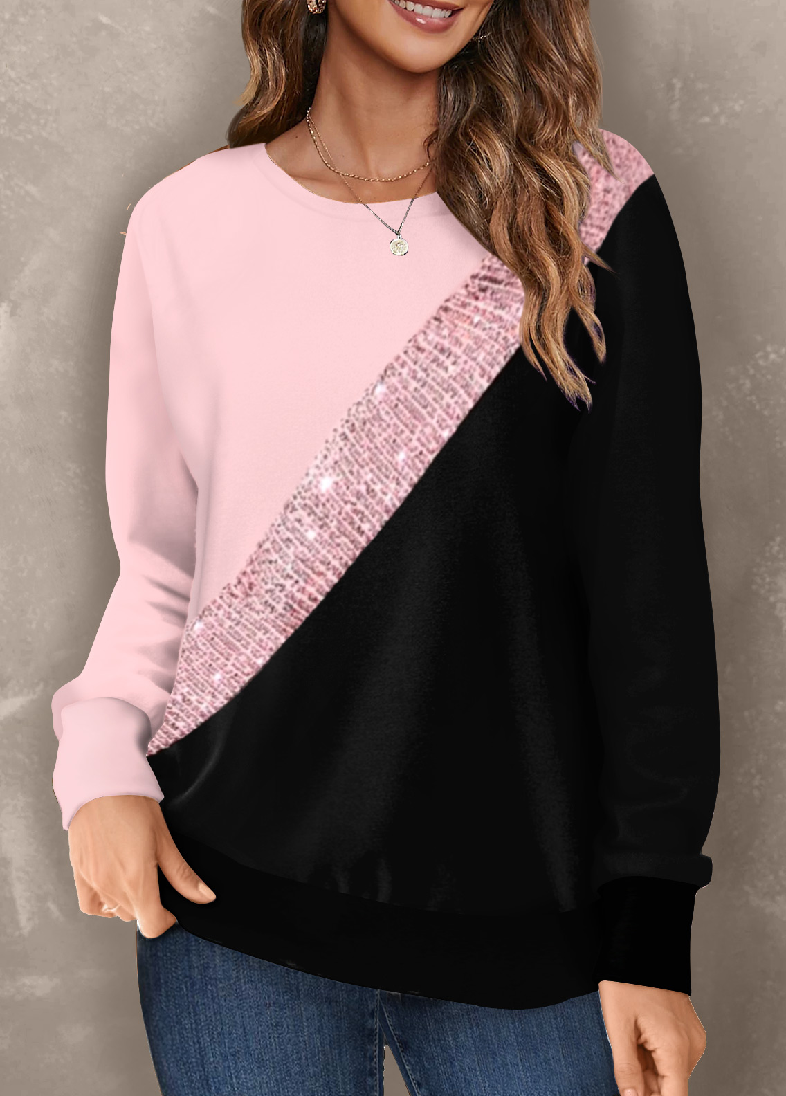 Pink Patchwork Long Sleeve Round Neck Sweatshirt