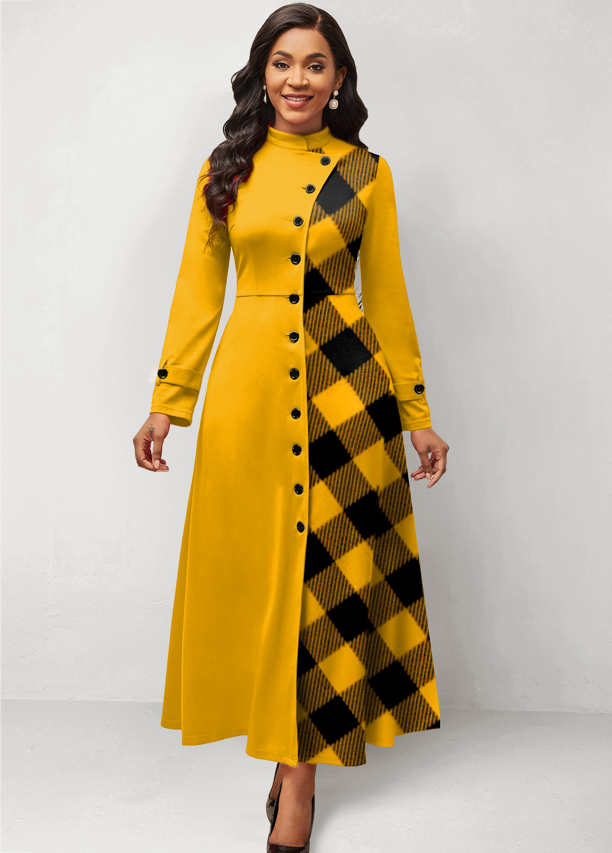 Yellow Plaid Maxi Long Sleeve Stand Collar Dress