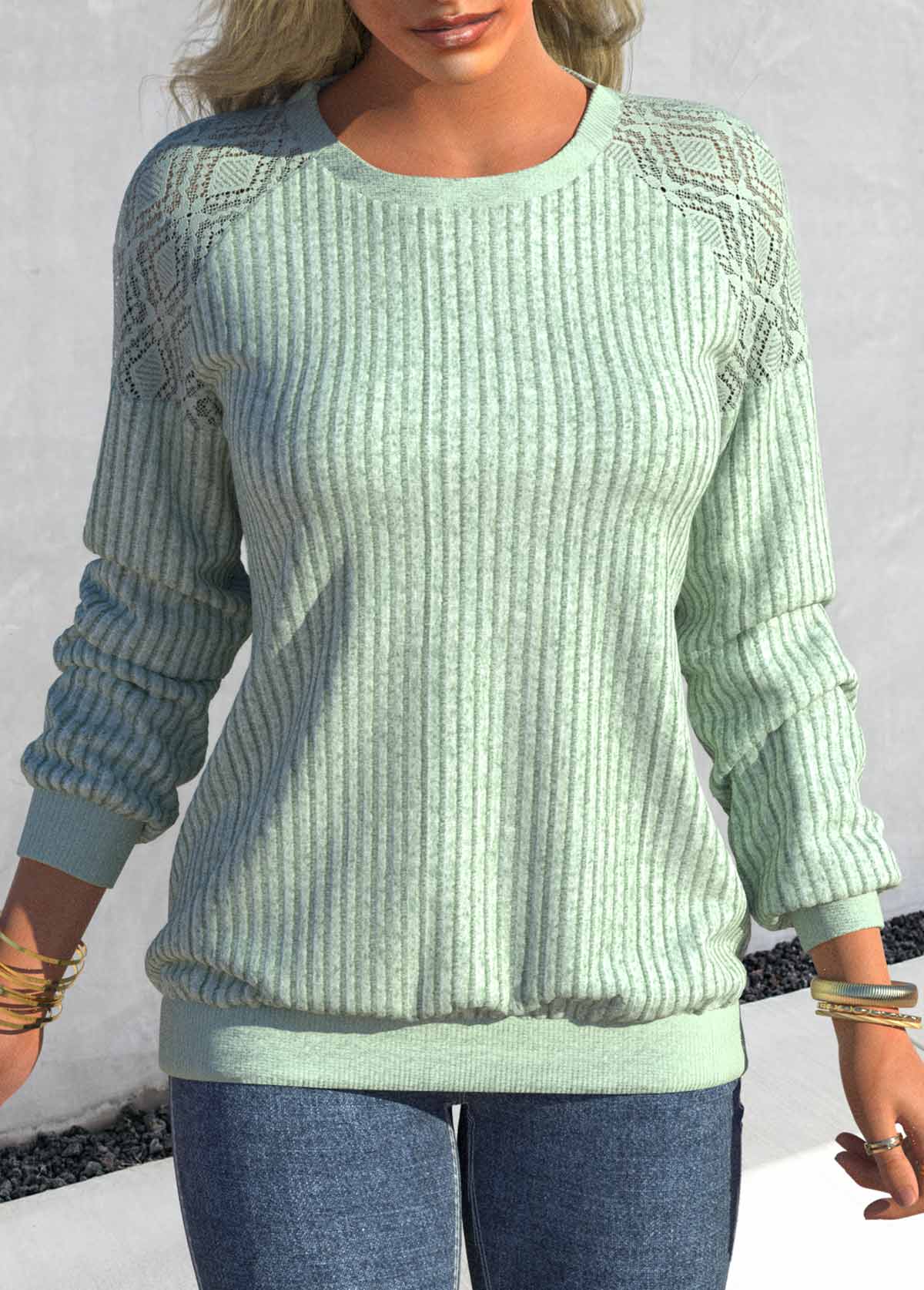 Mint Green Lace Long Sleeve Round Neck Sweatshirt