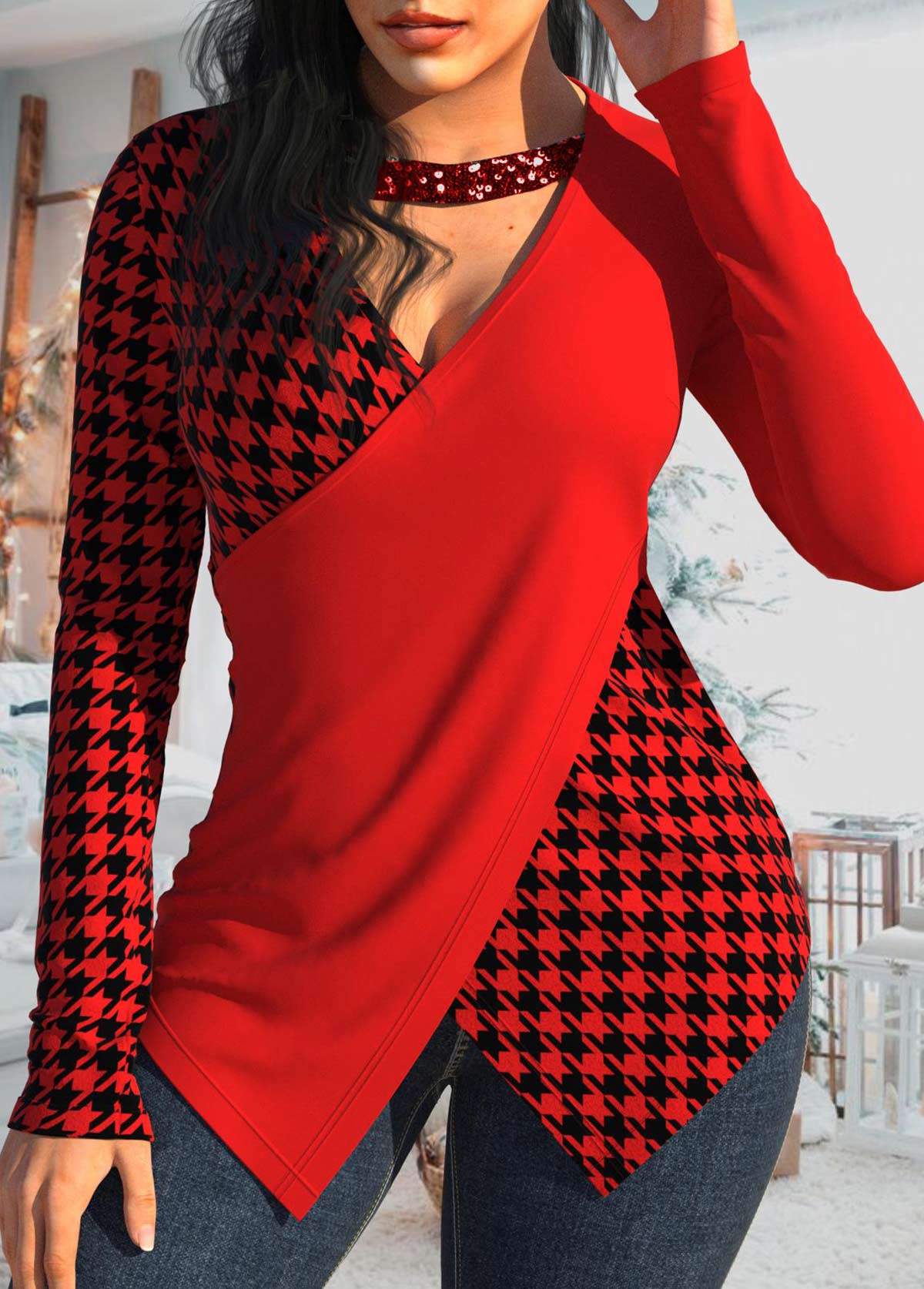 Red Patchwork Houndstooth Print Long Sleeve T Shirt