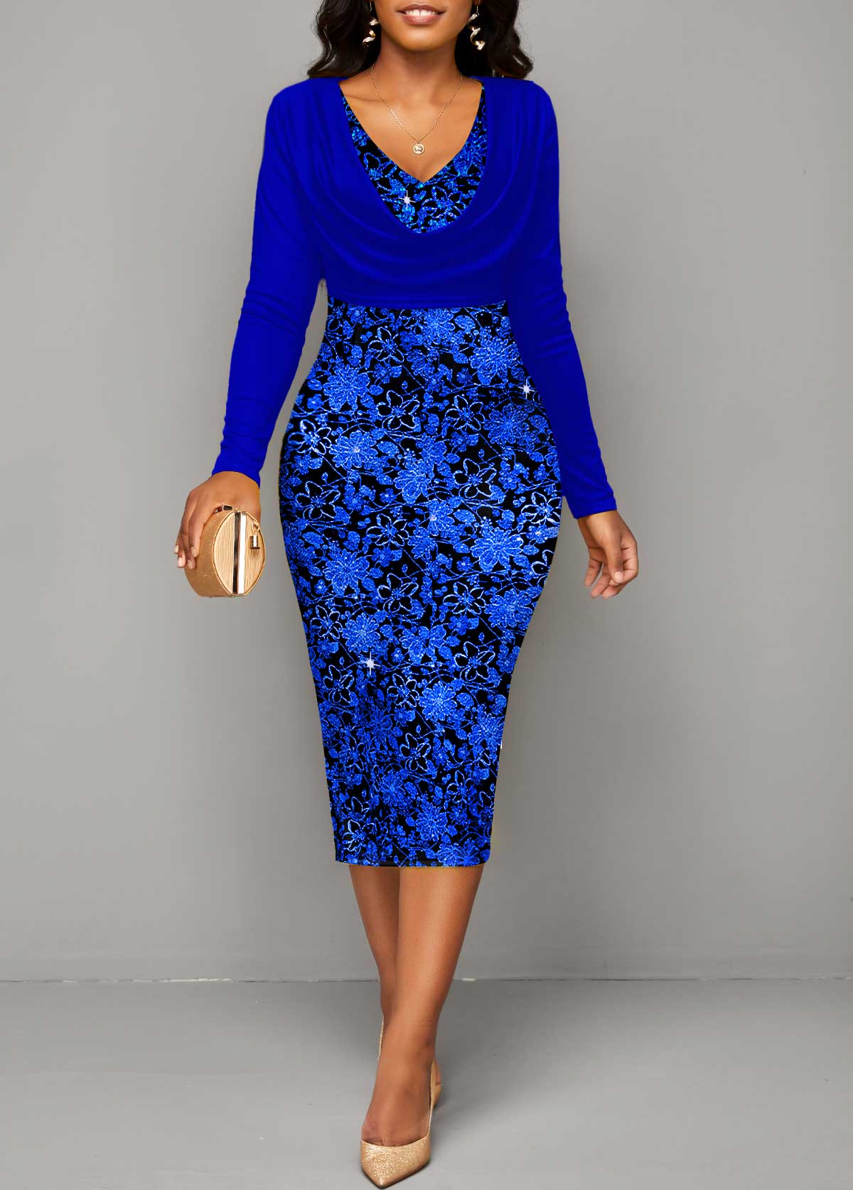 Royal Blue Hot Stamping Long Sleeve Bodycon Dress
