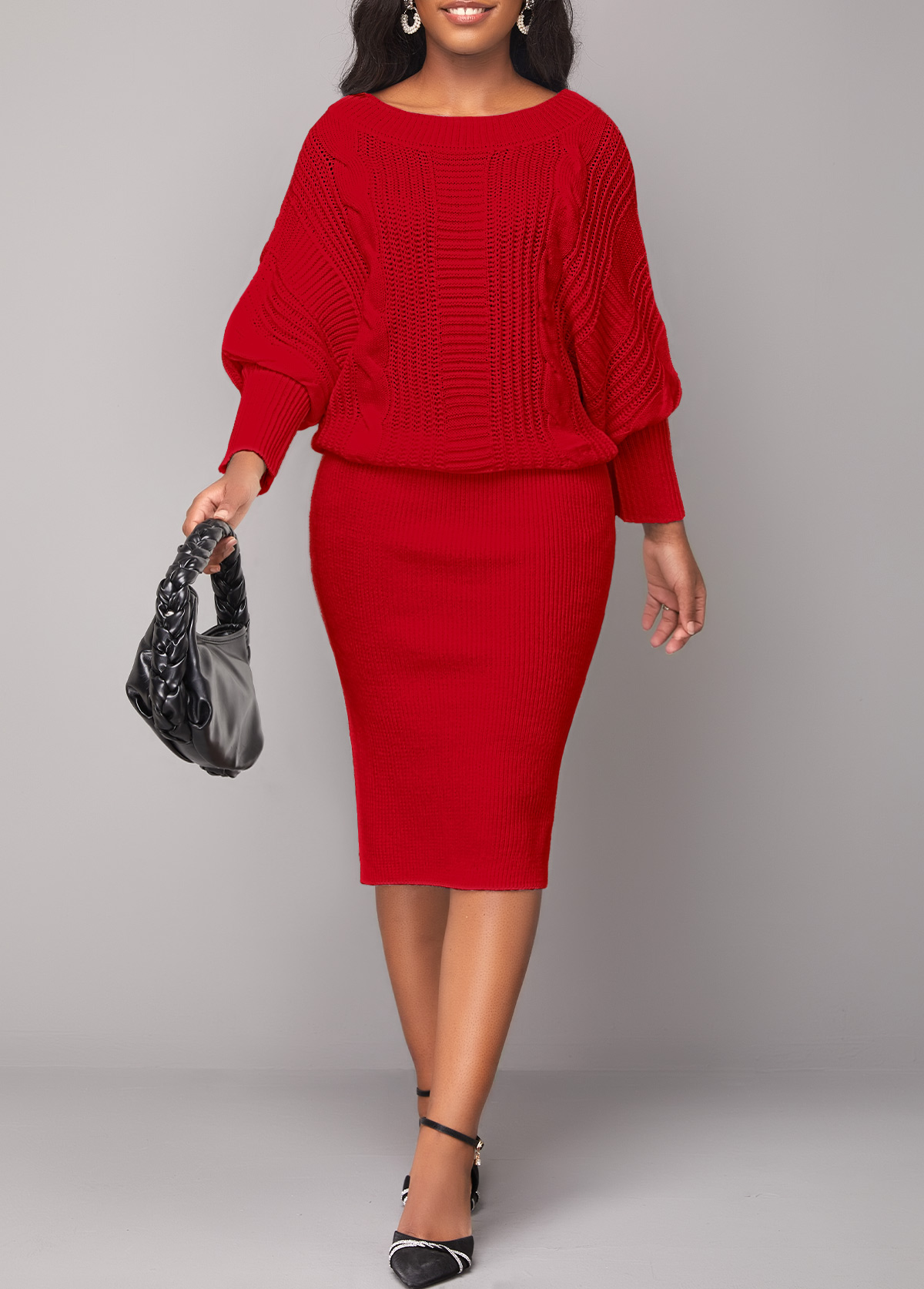 Red Long Sleeve Boat Neck Bodycon Dress